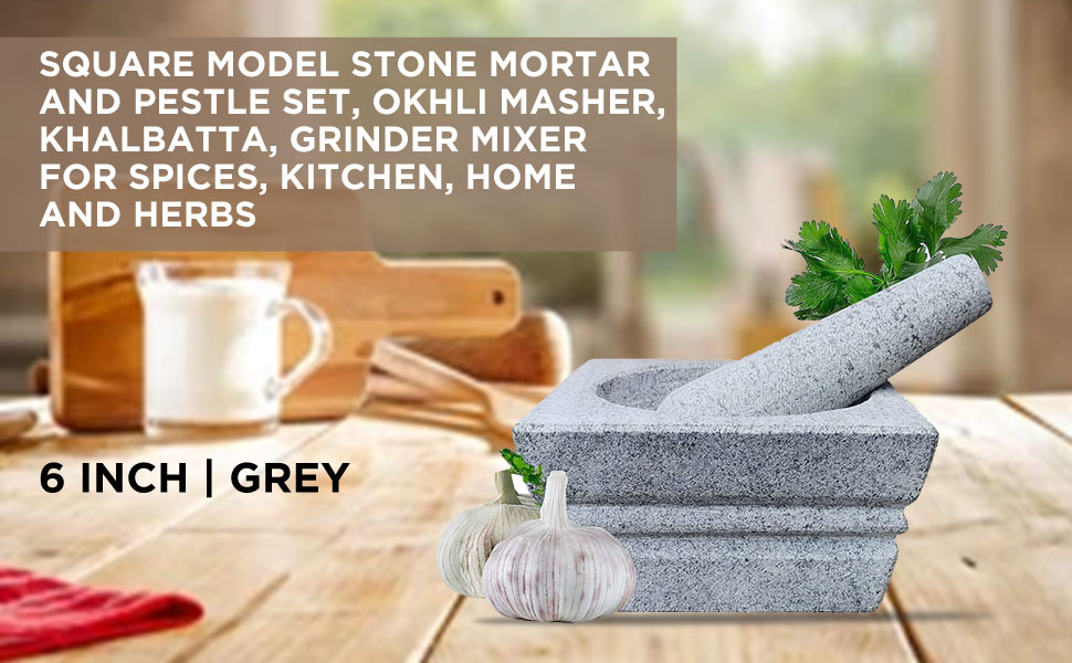 Buy EZAHK Square Stone Mortar and Pestle Set, Okhli, Khalbatta, Grinder