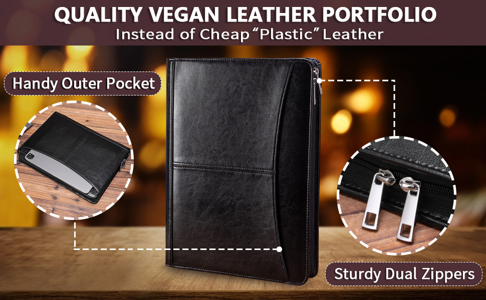 Geslun Vegan Leather Portfolio Binder with Zipper, Pocket