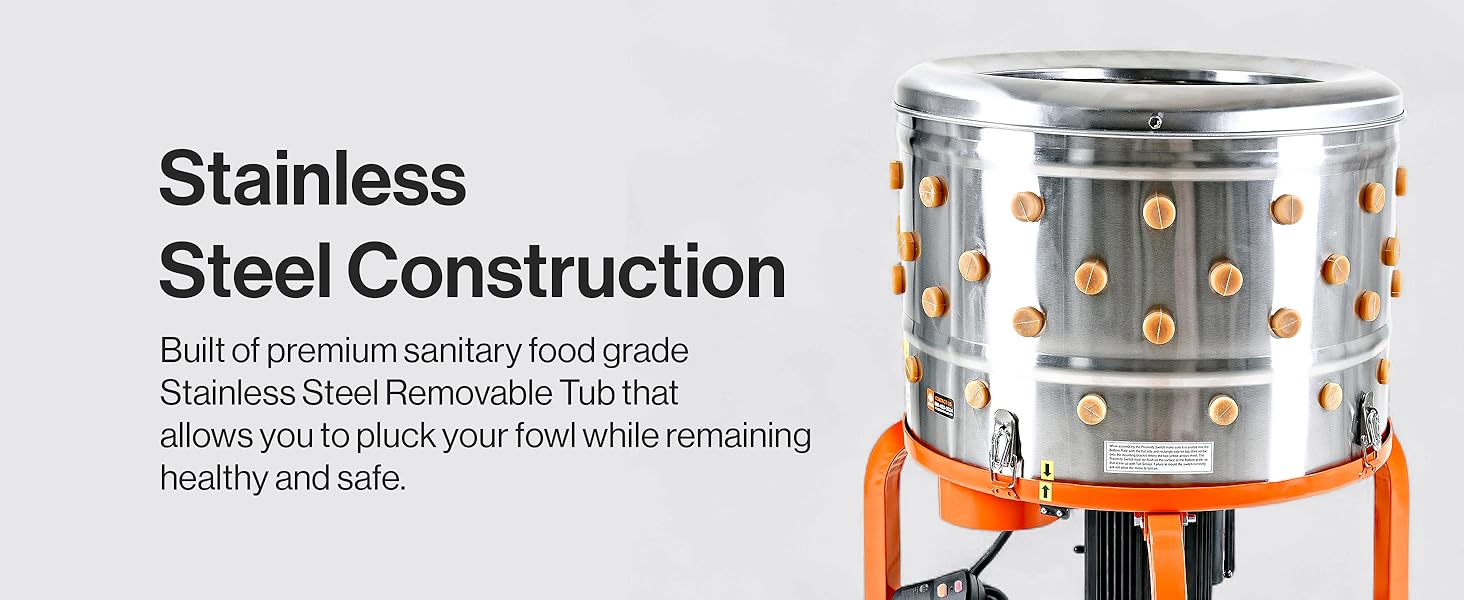 Text reads 'Stainless Steel Construction'. Product photo shows detailed view of stainless steel camping or outdoor stove with ventilation holes and orange base.