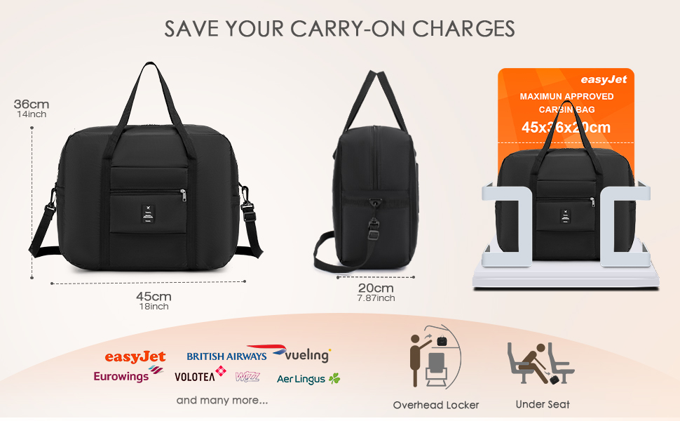 Sac de voyage pliable présenté en trois tailles : 45 cm, 30 cm et compressé. Fait preuve d'économie d'espace pour les bagages de cabine