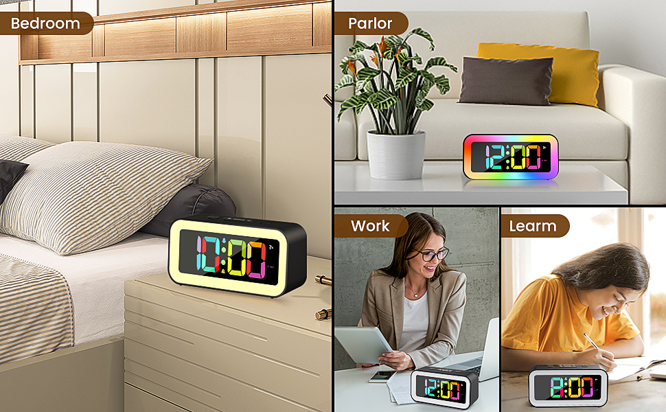 HAPPHOOH Digital Alarm Clock, RGB Colourful Alarm Clock, Alarm Clock