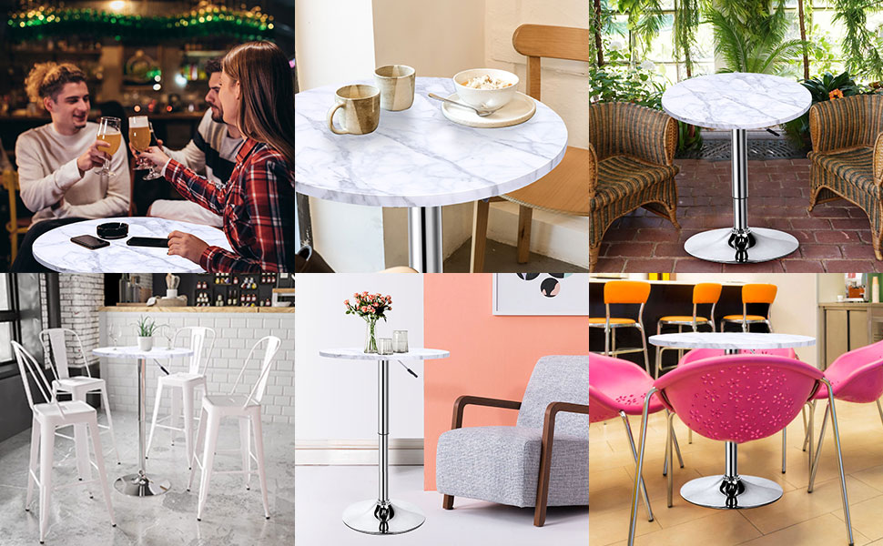 Waktavel Round Marble Bar Table, Adjustable Height