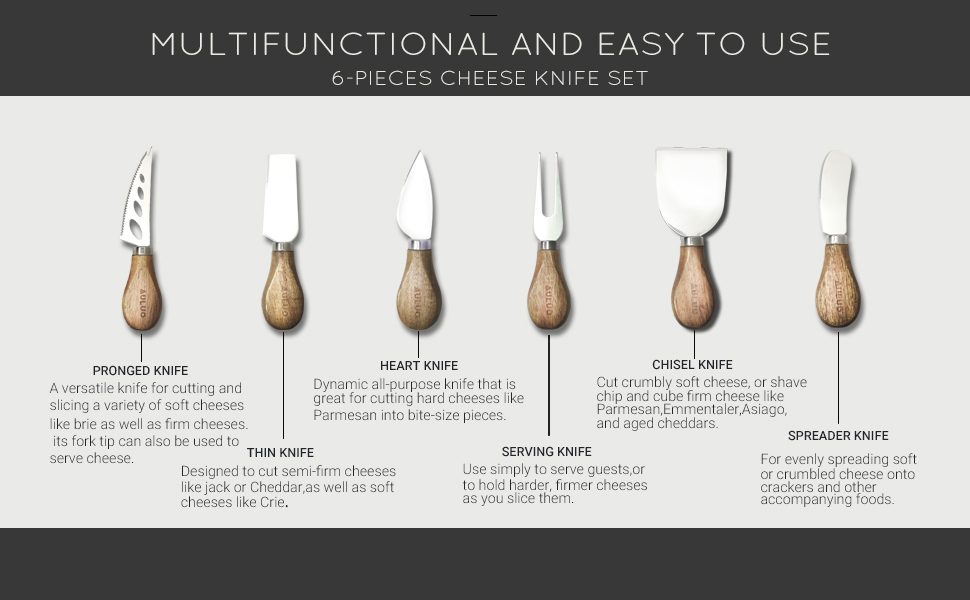AULUO Cheese Knives Gift Set of 6, Stainless Steel Cheese Knife Set