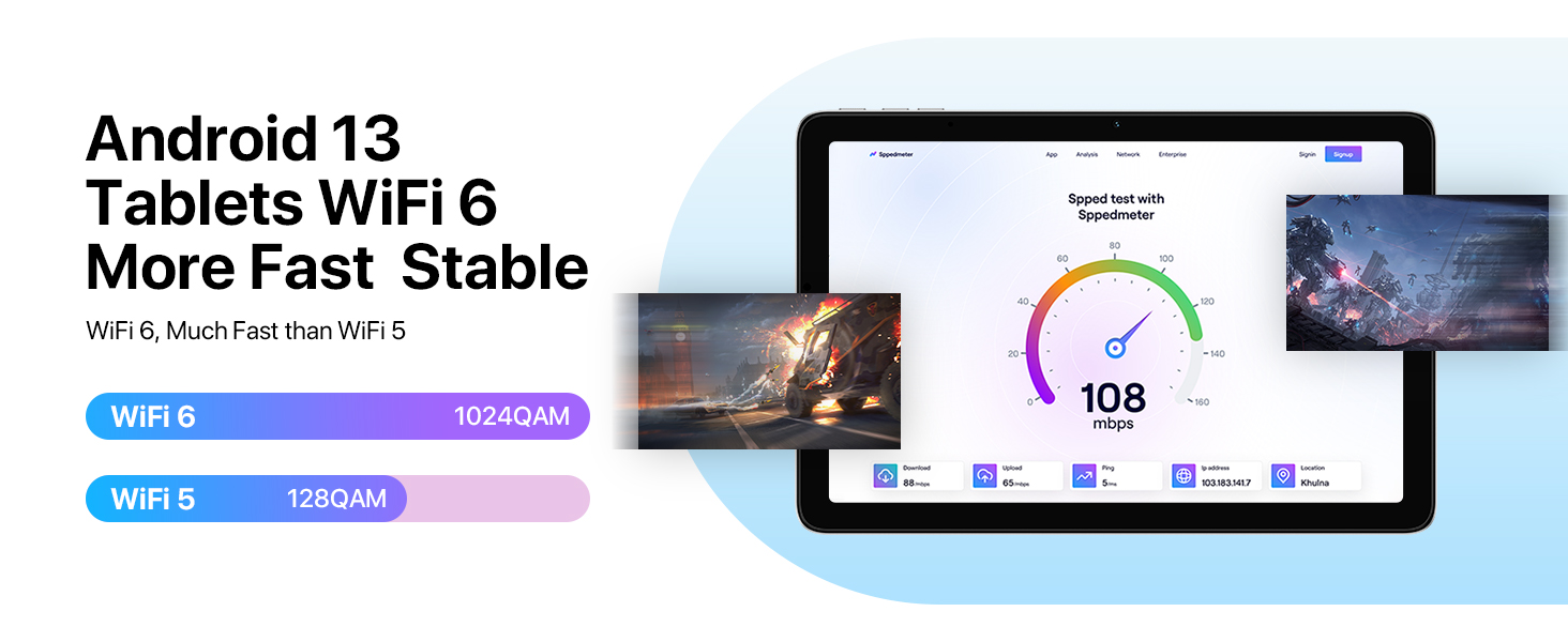 Android 13 tablet advertisement showing WiFi 6 capabilities. Image displays tablet screens with speed test and app icons.