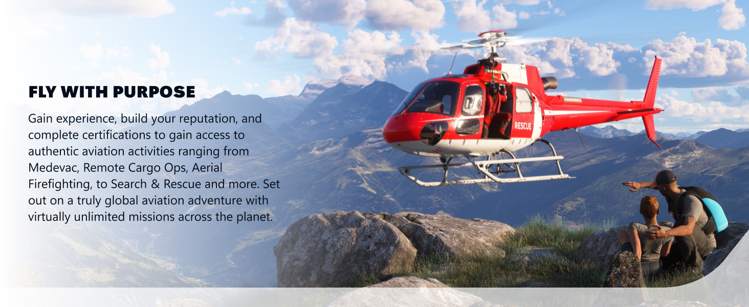 Text reads 'FLY WITH PURPOSE'. Wide landscape banner showing mountain scenery with helicopters and outdoor adventure activities including hiking and aerial views.