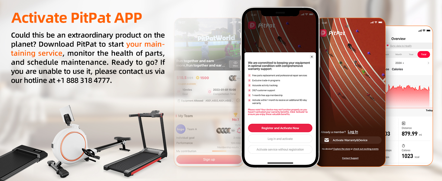Mobile app interface mockup showing fitness tracking screens alongside exercise equipment setup.