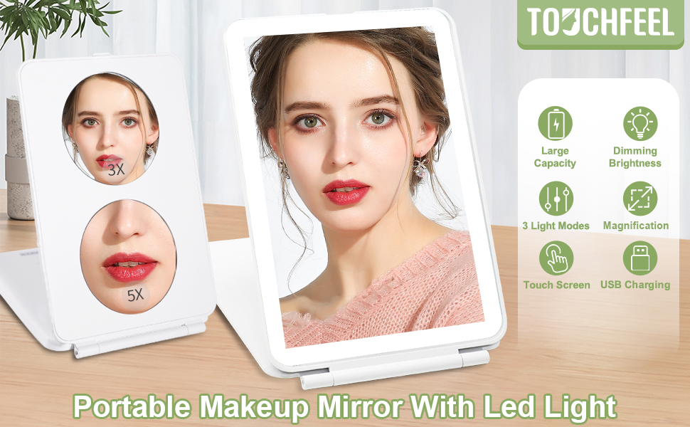 TOUCHFEEL Rechargeable Travel Mirror with Light, Portable Mirror with