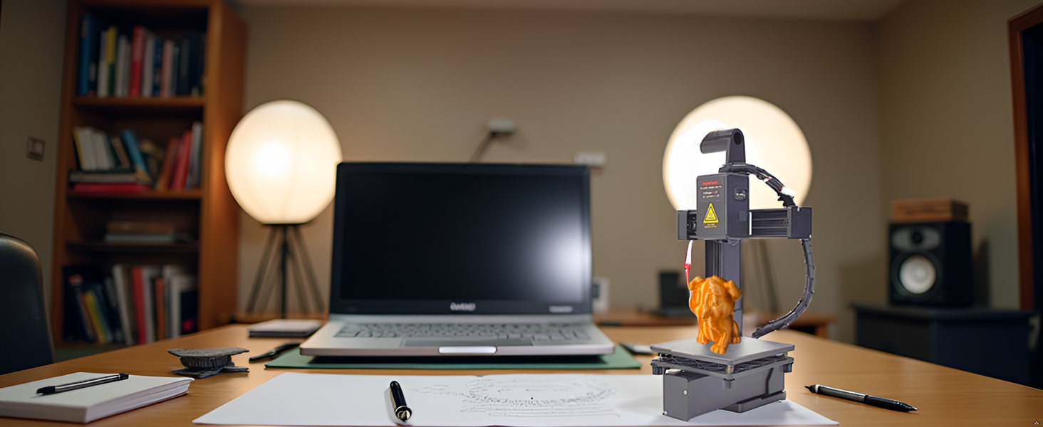 A sleek and modern workspace with the product placed on a clean surface, surrounded by various 3D pr