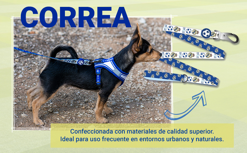 Real Madrid Dog Harness Size S Official Design Embroidered Shield and Secure Fit – Real Madrid Dog Harness – Resistant and Comfortable Accessory for Medium Dogs Total Control and Meringue Style Every 17 El texto dice «CORREA». Texto azul con elementos de diseño en forma de eslabones incorporados en las letras.