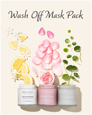 Three wash-off mask jars with floral and fruit ingredients. Pink jar with rose petals, gray jars with lemon slices and green leaves. Product labeled as 'Wash Off Mask Pack'.