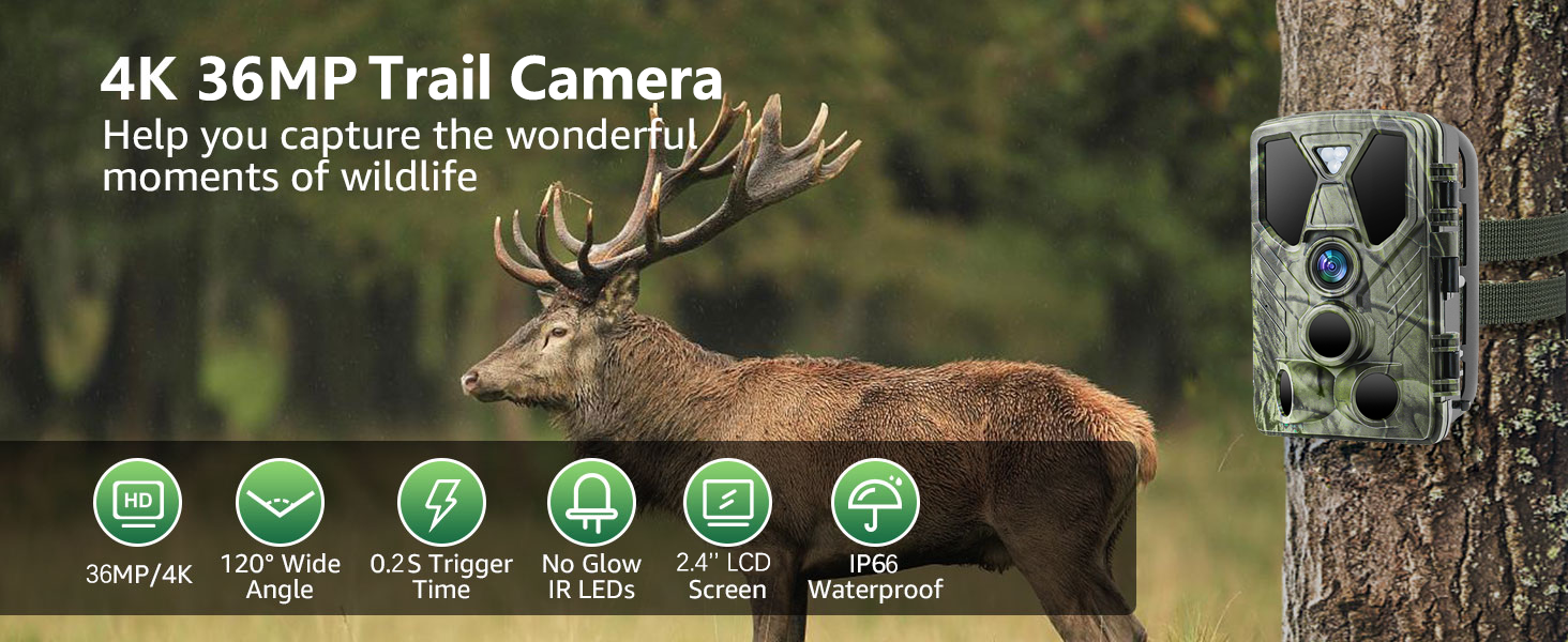 Wildlife Camera 4K 36MP, Builtin 5000mAH Rechargeable Lithium Battery