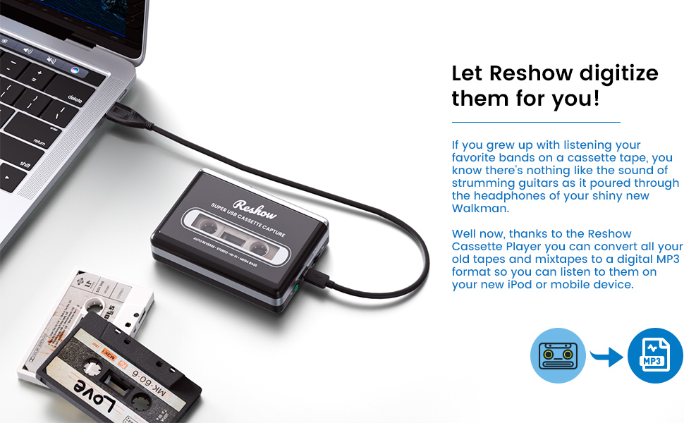 Reshow Cassette Player Portable Tape Player Captures MP3