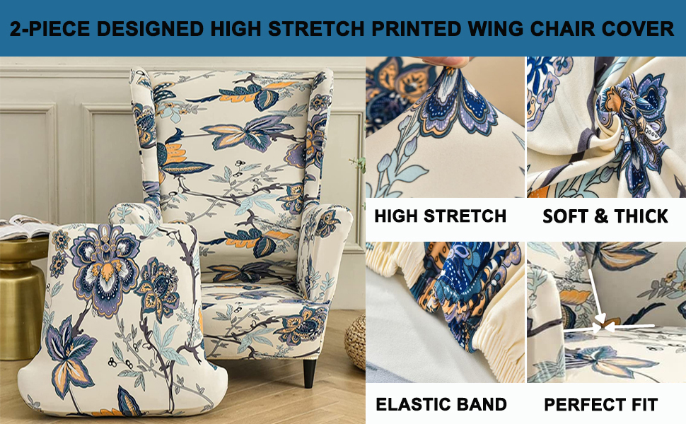 Aedlcal Wingback Chair Slipcover 2 Piece Stretch Printed Wing Chair