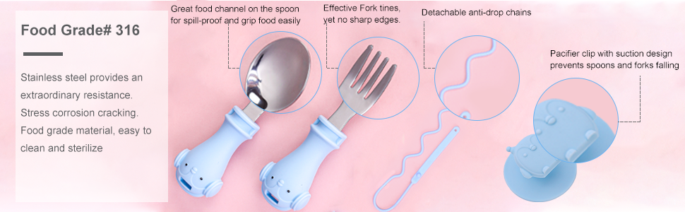 Suction Toddler Utensils, Toddler Fork and Spoon Set with Anti-Dropping Chain and Suction 