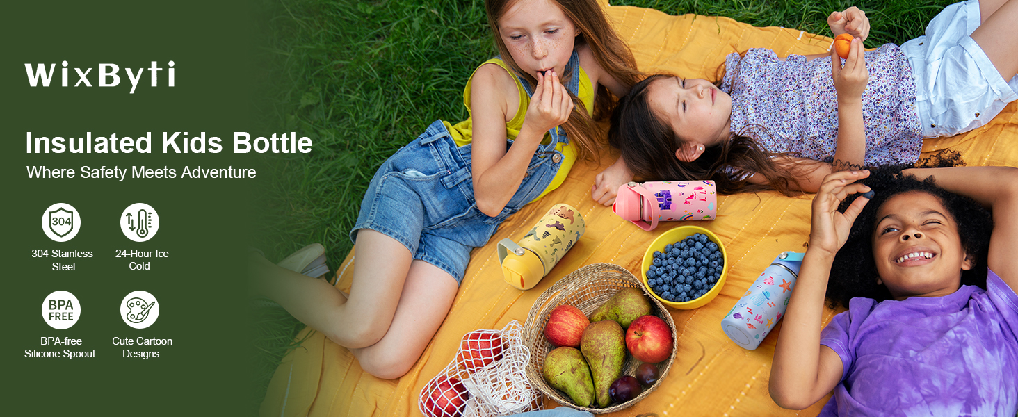 WixByti Kids Water Bottle 14oz with Silicone Straw Lid - Insulated Water Bottle Stainless Steel