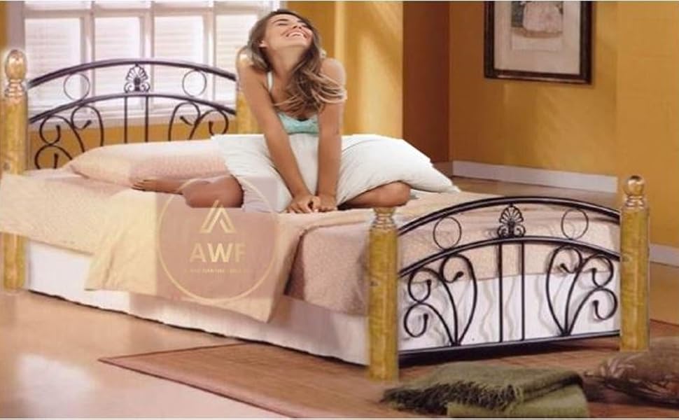 Wooden and Steel Single Bed with Metal Slat Base