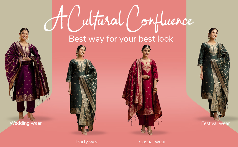 VredeVogel Women's Cotton Silk Blend Zari Work Kurta Pant Set with Jacquard Silk Dupatta