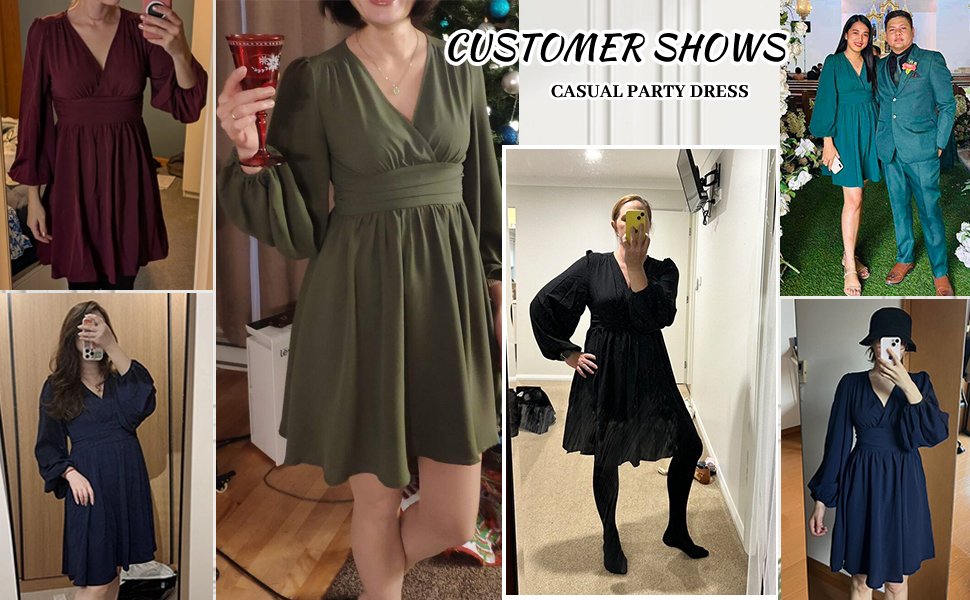 El texto dice «CUSTOMER SHOWS». Collage de fotos de moda que muestran varios vestidos y conjuntos en colores como verde oliva, negro y azul.