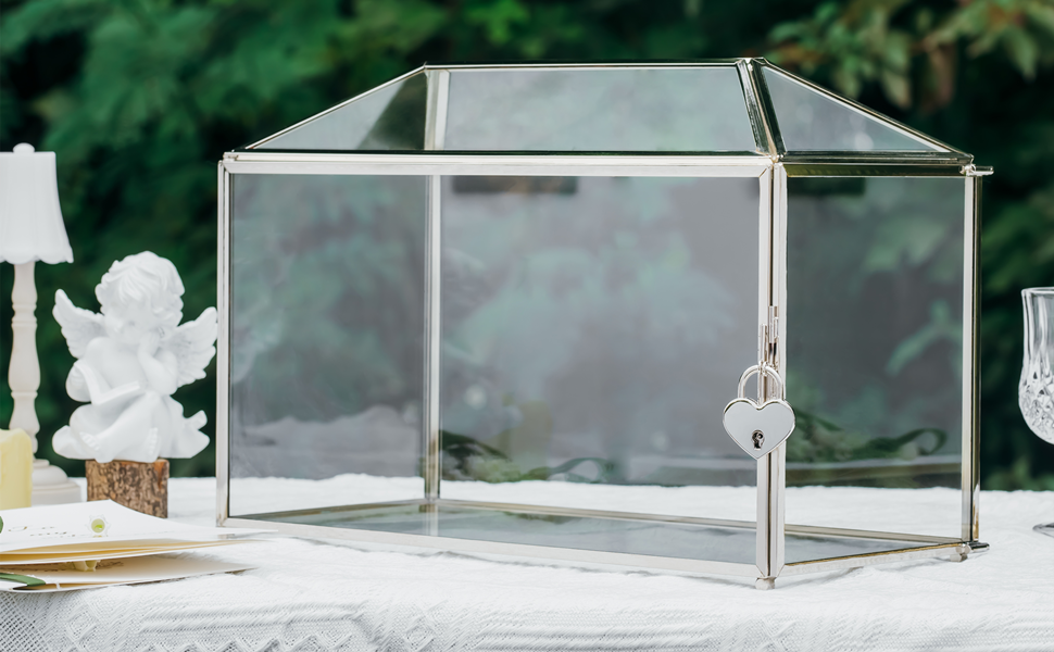 NCYP Silver Wedding Glass Cards Box with Slot and Lock, 12.6x5.9x9
