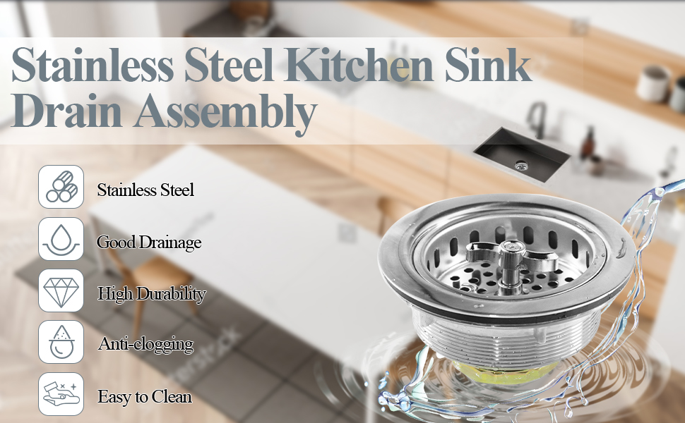 WiseWater Kitchen Sink Drain Assembly, 3 1/2” Twist Lock Sink Drain