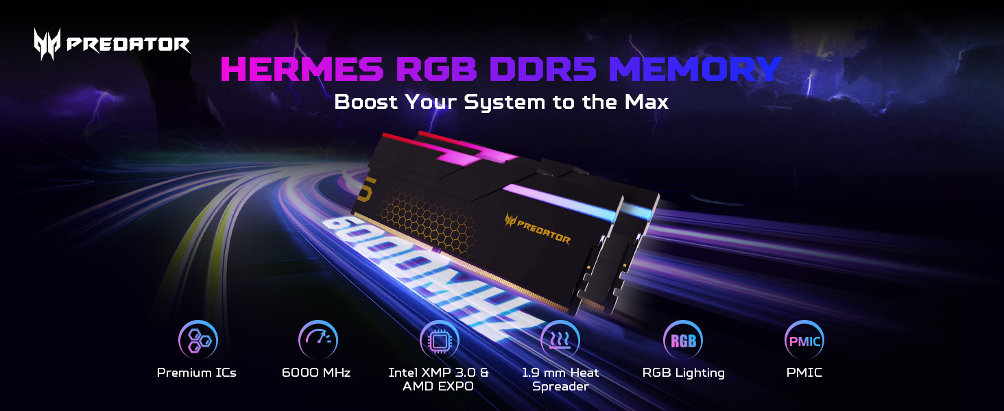 Text reads 'HERMES RGB DDR5 MEMORY' and 'Boost Your System to the Max'. Gaming RAM marketing image with purple-blue lighting effects and performance icons.