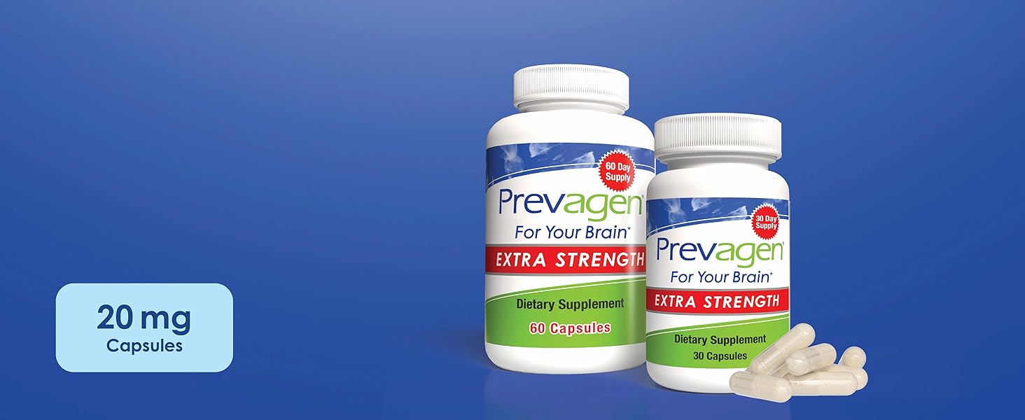 Prevagen Extra Strength 20mg 30 capsules and 60 capsules on blue background