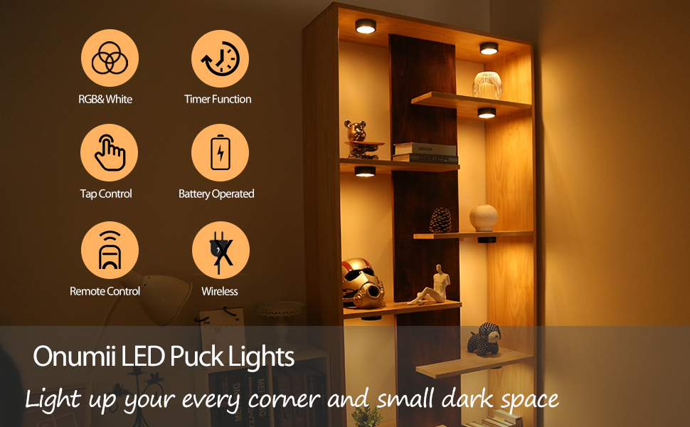 Onumii Puck Lights Battery Operated with Remote Control Tap Stick on