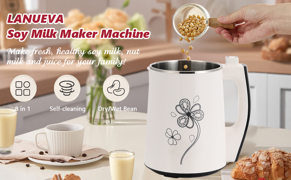 LANUEVA Soy Milk Maker Machine 1.3L/44OZ, 8 In 1 Nut Milk