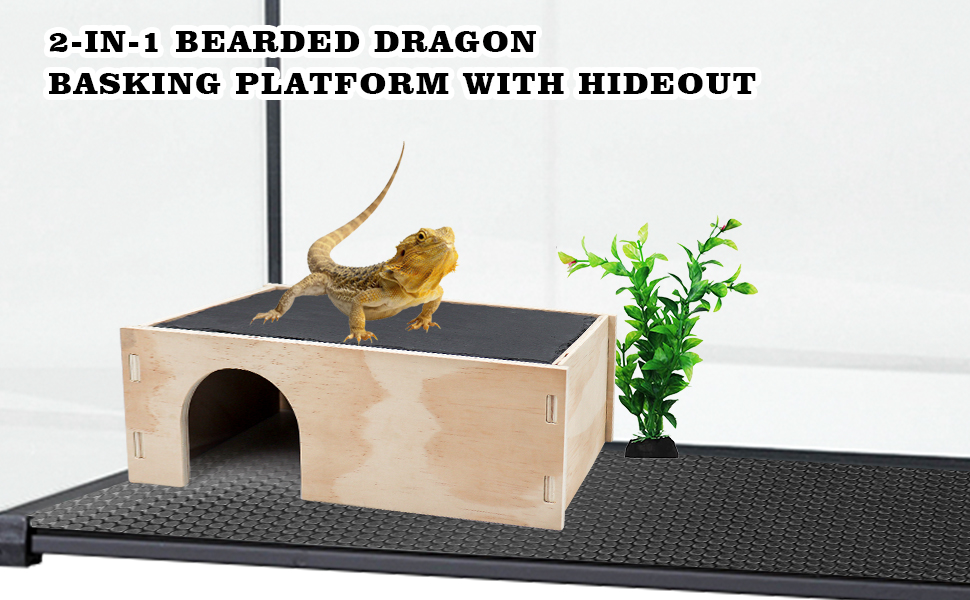 2-in-1 Bearded Dragon Basking Platform with Hideout, Slate Rocks for Reptiles with Base