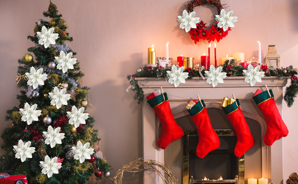 Sawowkuya 15 Pcs Silver Poinsettia Artificial Flowers