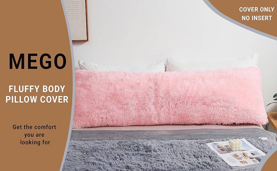 MEGO Shaggy Plush Body Pillow Cover, Pink Faux Fur Fluffy