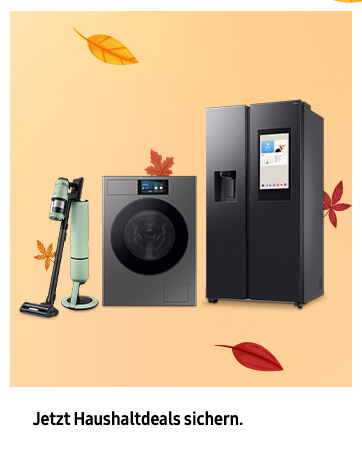 Der Text lautet „Bild 3“ und „Jetzt Haushaltsdeals sichern“. Marketingbanner mit Heim-Audiogeräten einschließlich Lautsprechern und Subwoofer vor pfirsichfarbenem Hintergrund mit dekorativen Blattelementen.