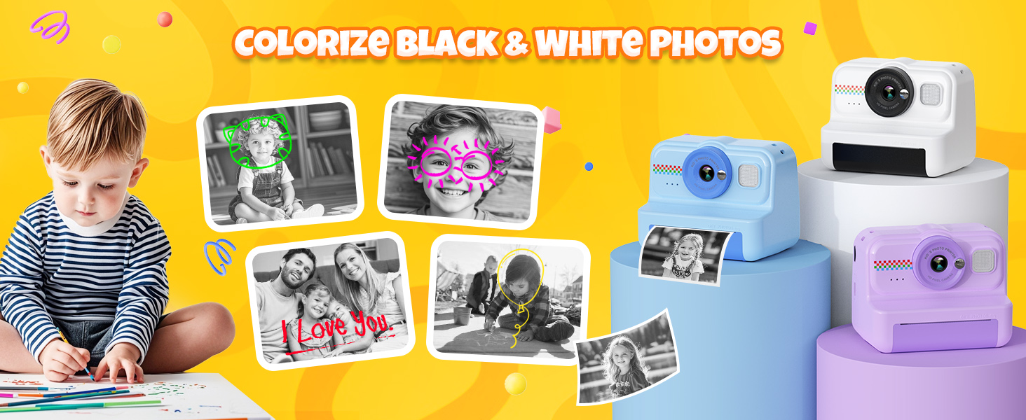 Interface logicielle affichant la fonction de colorisation des photos en noir et blanc, avec des exemples de photos et des appareils photo AI bleu/violet affichés sur le côté droit