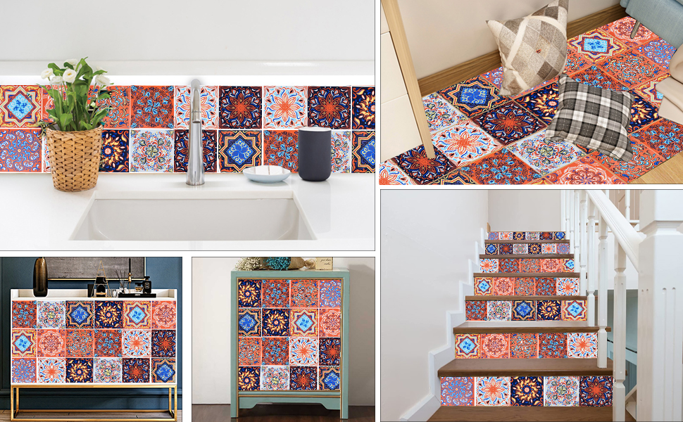 QUCUMER 30 Pcs Moroccan Tile Stickers for Kitchen, 15cm Stairs Tile