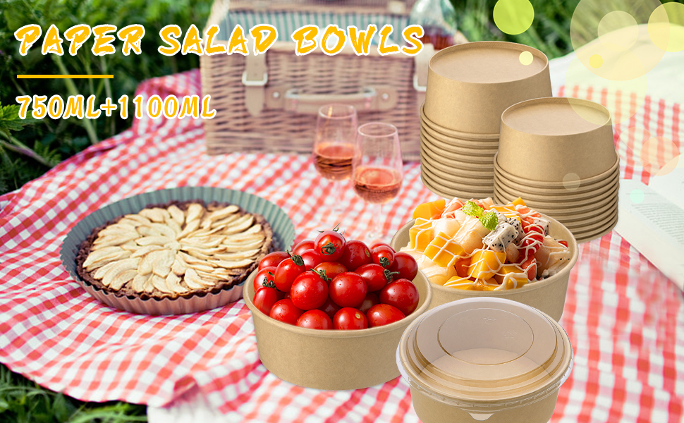 Giwrmu Paper Salad Bowls with Clear Lids, 750 ML Disposable Round Shape
