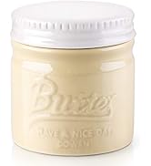 Text reads 'Butter'. Cream-colored ceramic jar with white screw-top lid featuring embossed vintage-style branding.