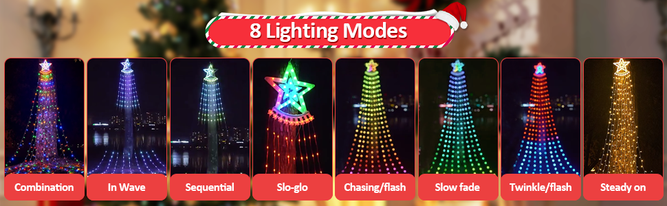 Christmas tree light display featuring 8 different lighting modes, including combinations of colors and patterns. Shows sequential preview of lighting effects.