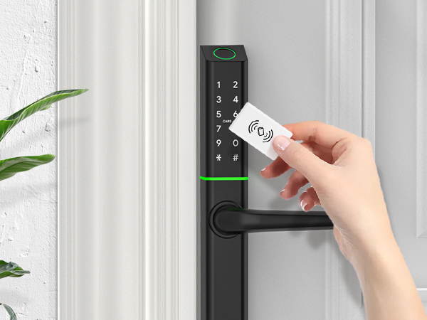 Smart door lock with keypad and handle. Hand holding a card to unlock, green light indicating activation.