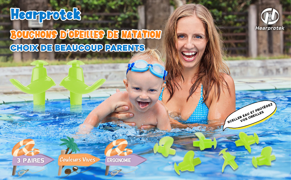 3 paires de bouchons d'oreille de natation avec cordon étanche et étui de transport