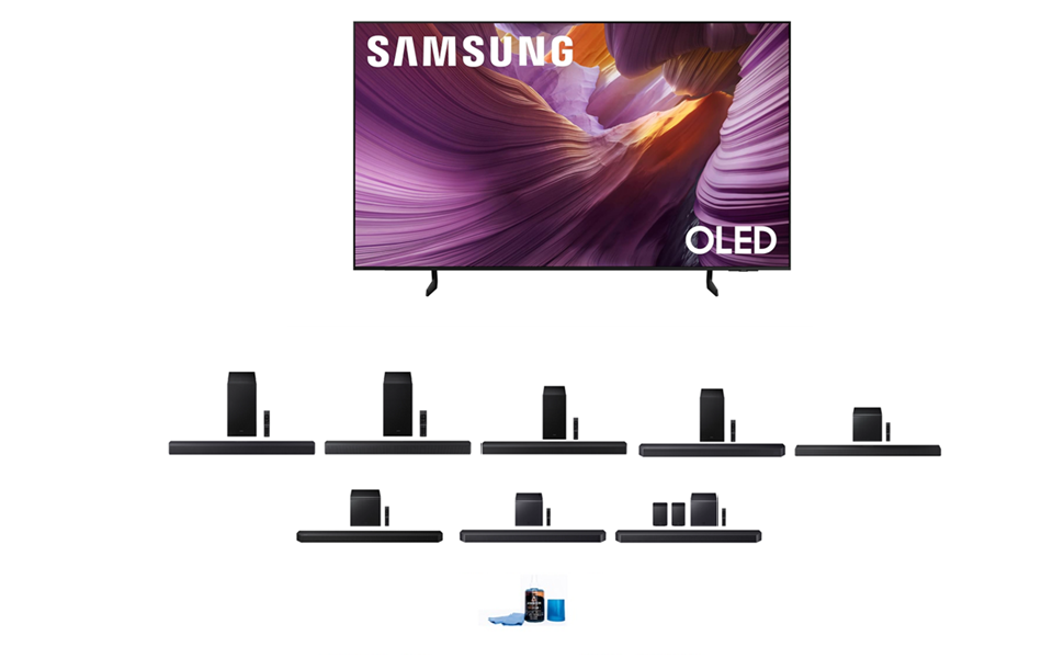 Samsung S85FA Series TV with Samsung Soundbar and Amber Screen Cleaner