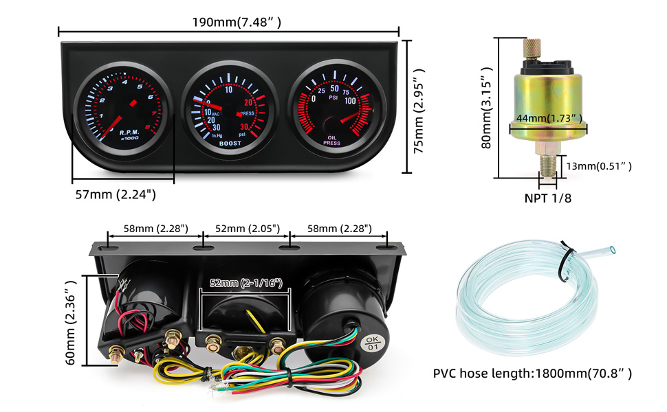 Faymizsa Triple Gauge Set (Tachometer + Oil Pressure Gauge