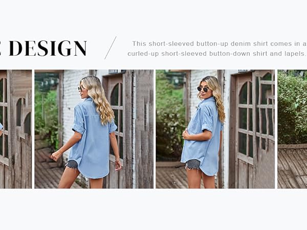 yoeasy Women Short Sleeved Button Down Denim Shirts Casual