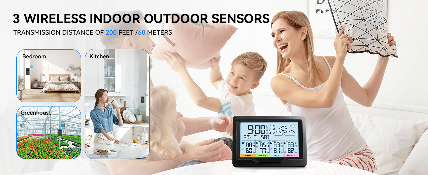 Three wireless indoor outdoor sensors in different household settings
