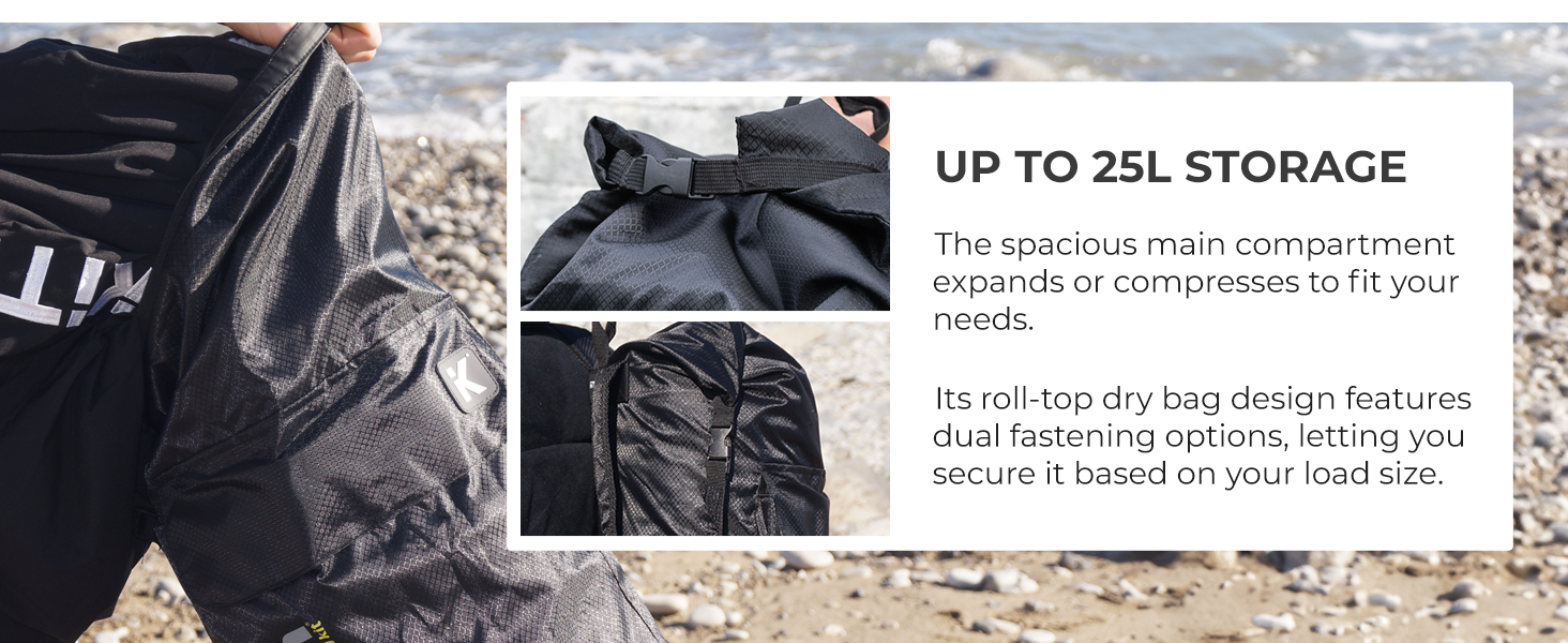 Up to 25L storage. Spacious main compartment expands or compresses to fit your needs.
