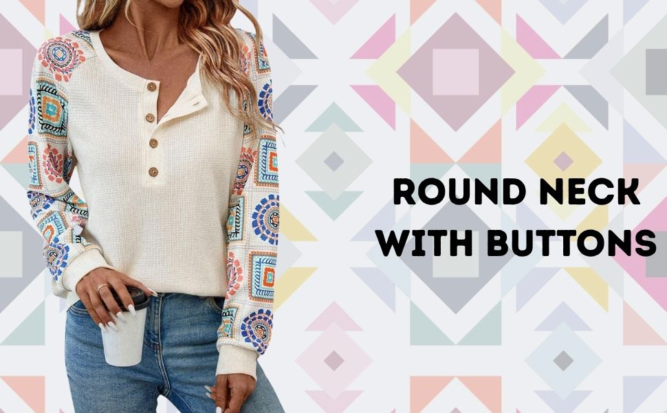 Geometric floral print top Regular fit top for women Round neck button top Trendy top for women