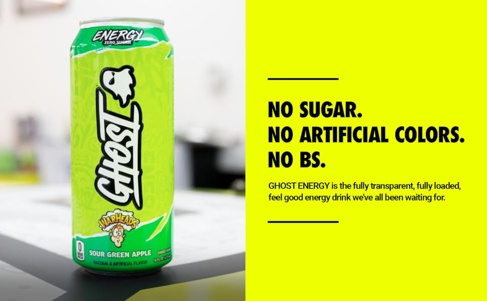 GHOST ENERGY SugarFree Energy Drink 12Pack, WARHEADS Sour Green Apple, 16oz