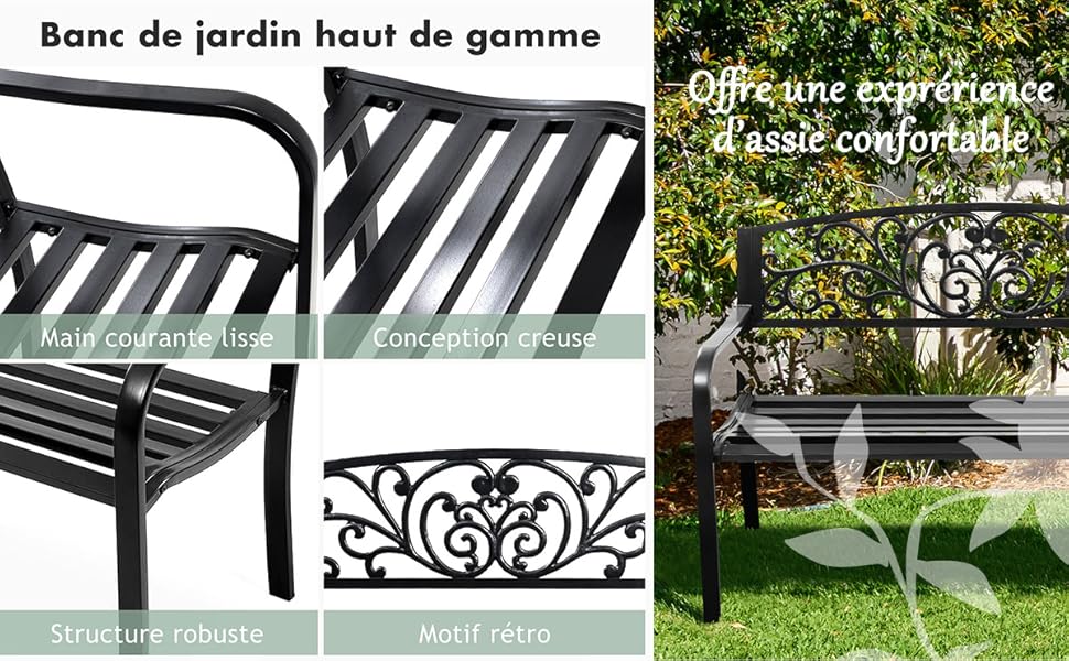 RELAX4LIFE Banc De Jardin En Fonte D’Acier Pour 2-3 Personnes, Résistant Et Confortable Avec Incliné Dossier Ciselé, Accoudoirs Arrondis Et Pieds Durables, Utilisation En Extérieur, Bronzé/Noir (Noir) 16 5
