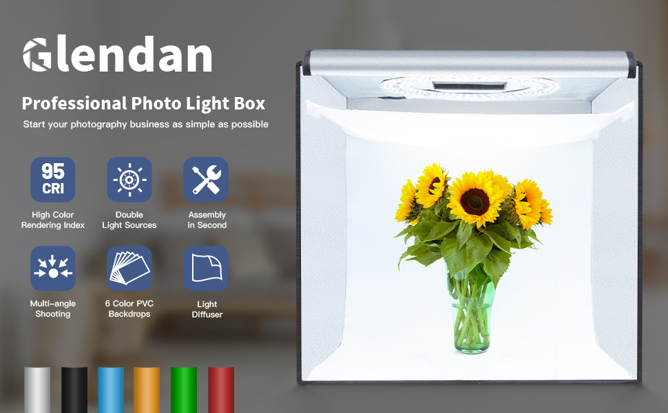 Glendan Light Box Photography, Portable Photo Studio Light Box, 16" x 16" Professional Dimmable