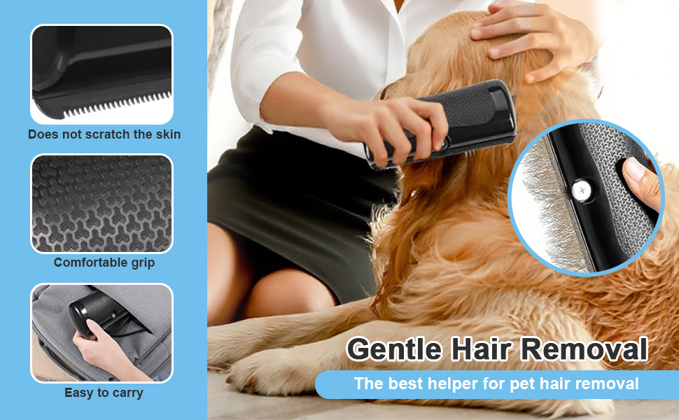 El texto dice «Gentle Hair Removal». Imágenes de demostración del producto que muestran el uso de un dispositivo de aseo en un gato naranja, con instrucciones paso a paso.