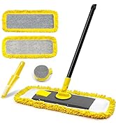 Yellow microfiber dust mop set with extendable handle, including two replacement pads and round duster attachment. Flat mop head features gray cleaning surface.